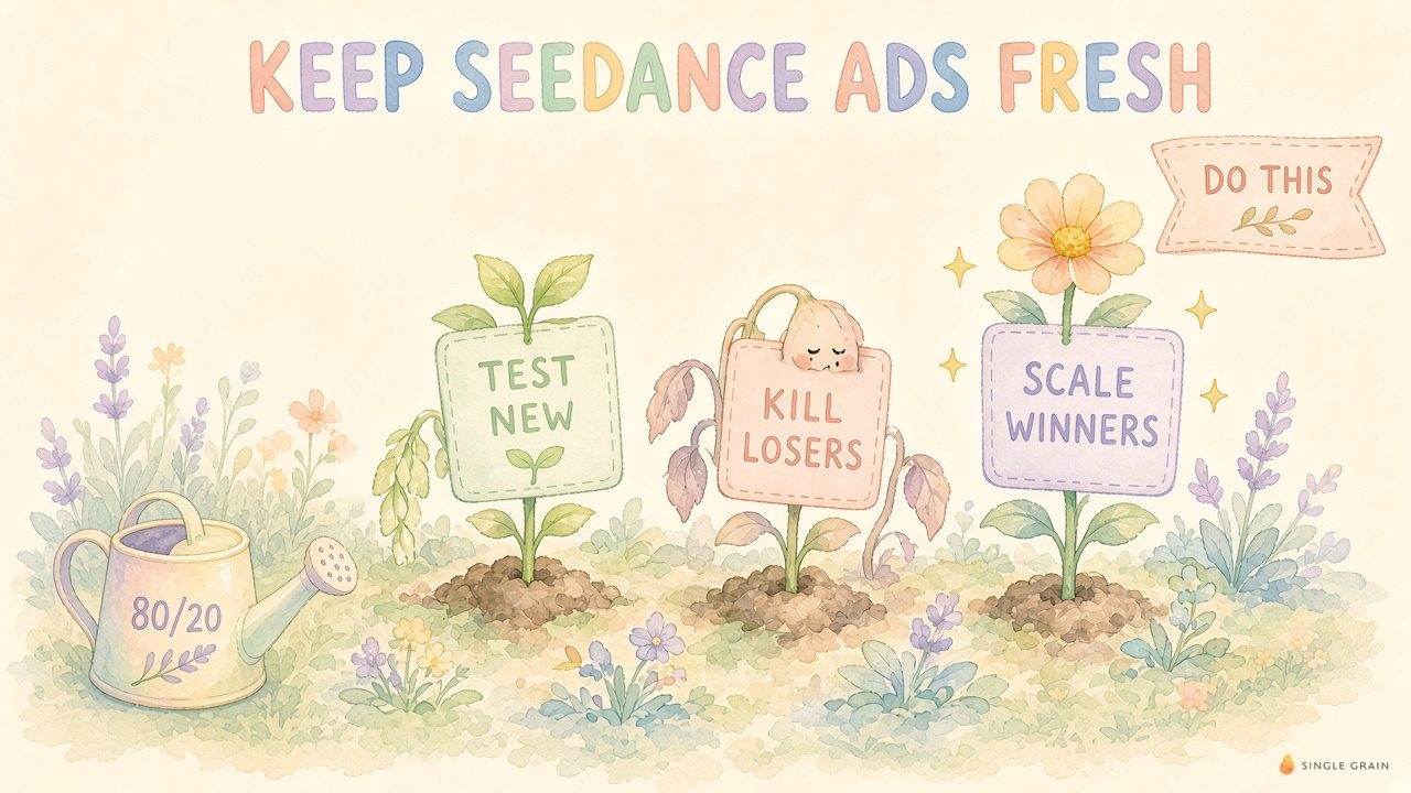 Garden diagram to keep Seedance ads fresh by testing new ads, killing losers, and scaling winners with an 80/20 split
