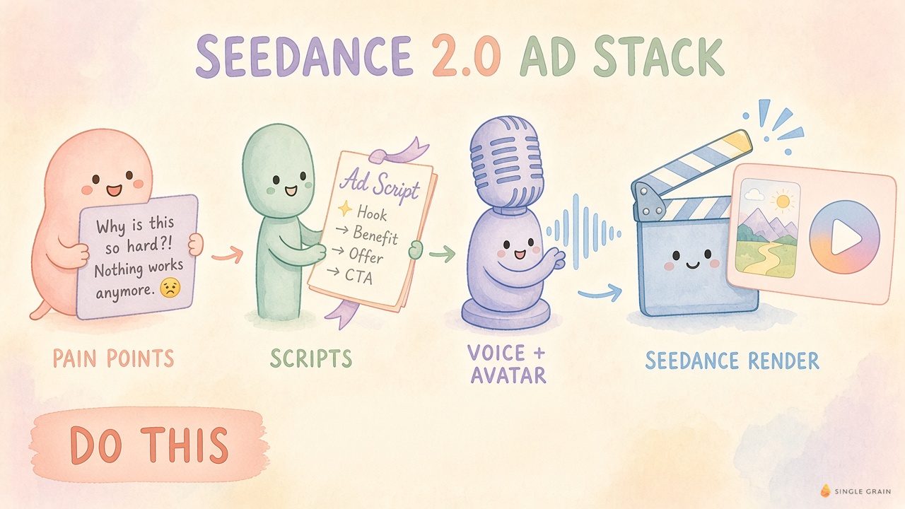 Seedance 2.0 ad stack from pain points to scripts to voice and avatar to Seedance render