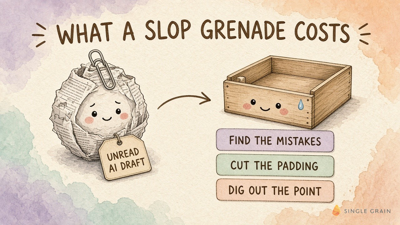 Watercolor diagram of a crumpled paper grenade tagged unread AI draft flying into an inbox tray, which now has to find the mistakes, cut the padding and dig out the point.