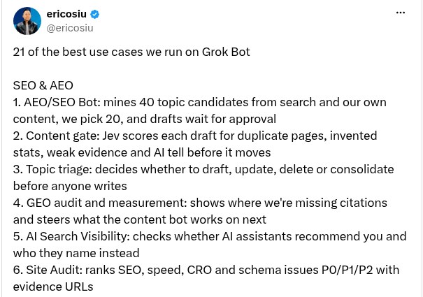 Eric Siu X post listing Grok Bot SEO and AEO use cases, including a content gate and topic triage.