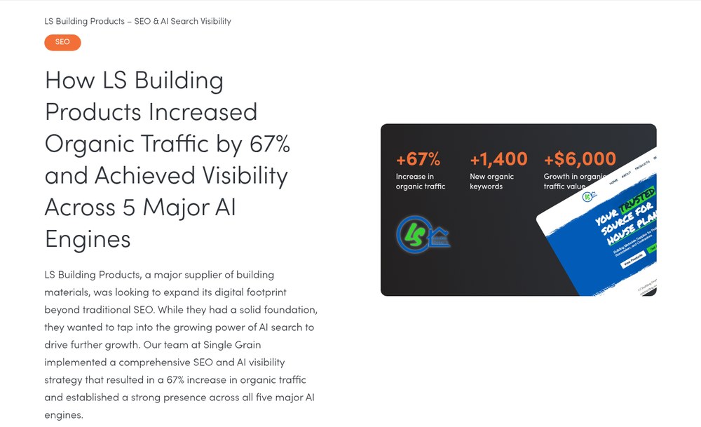 Single Grain case study page showing LS Building Products results, including a 67% increase in organic traffic.