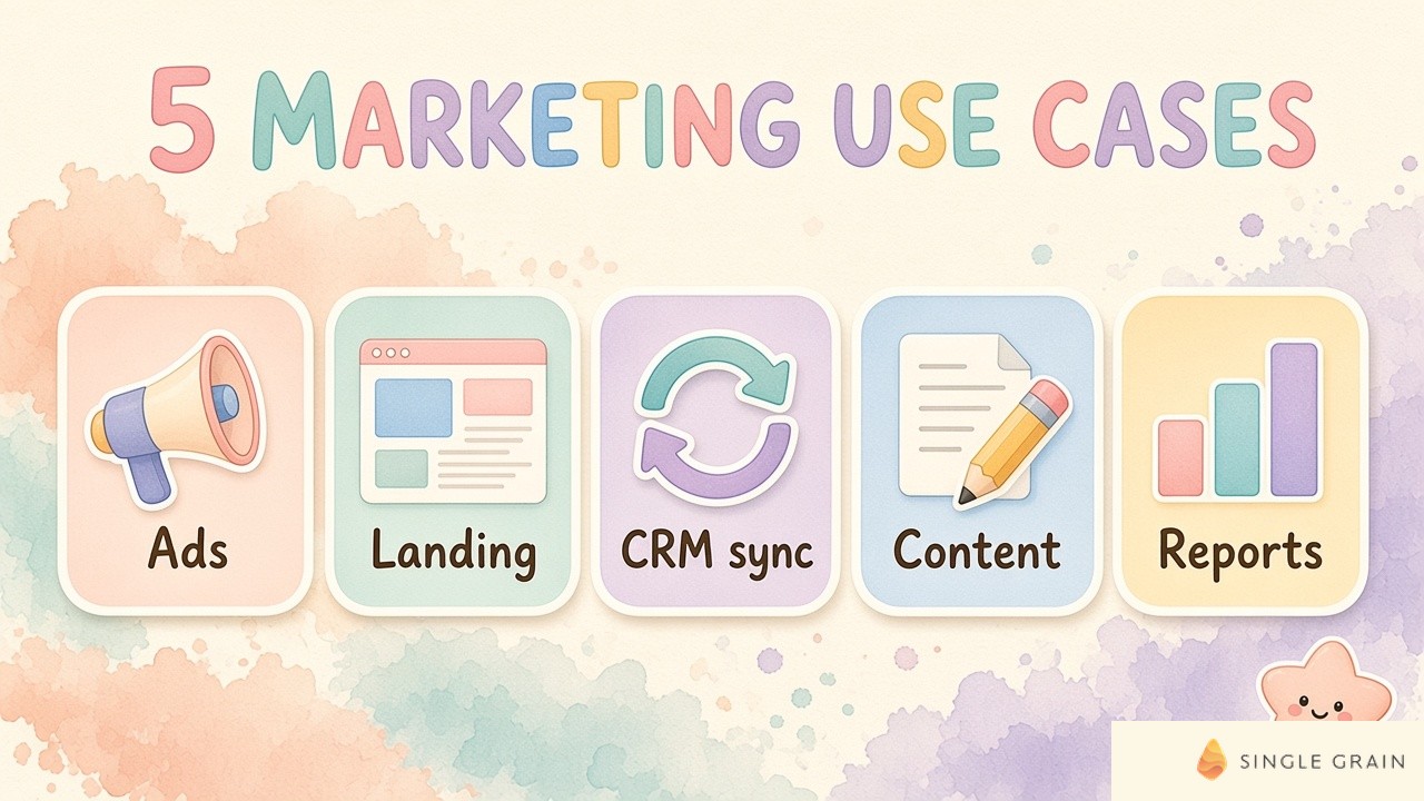 Pastel illustration of five personal app ideas for marketers, including a campaign dashboard, event lead capture, sales rep helper, tool prototype, and content idea inbox.