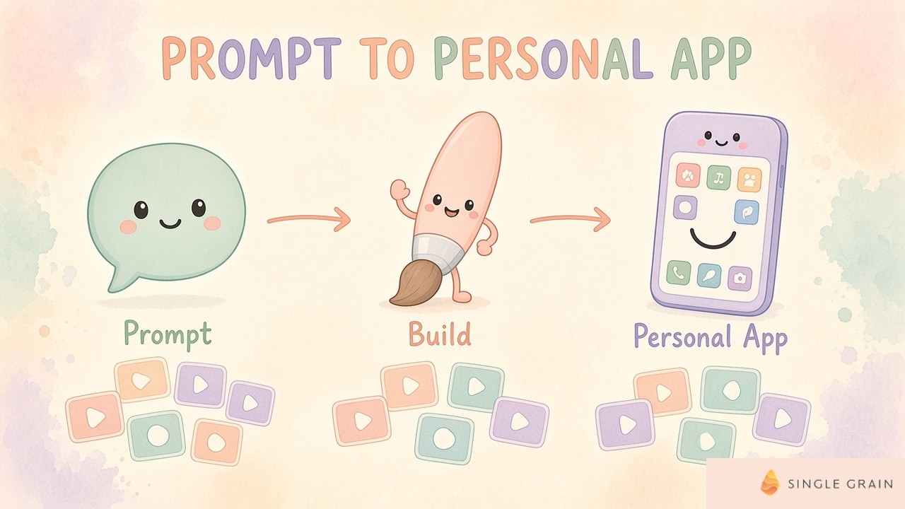 Pastel diagram showing four steps from describing an app idea to Google AI Studio building it, launching it privately on Google Play, and sharing it with a small circle soon.