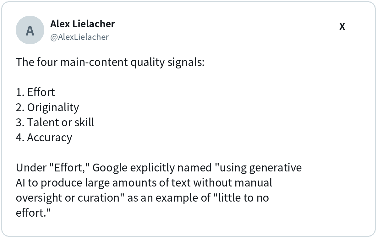Alex Lielacher (@AlexLielacher) on X: The four main-content quality signals…
