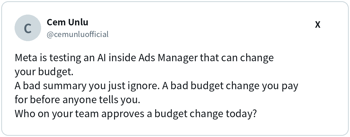 Cem Unlu (@cemunluofficial) on X: Meta is testing an AI inside Ads Manager that can change your budget.