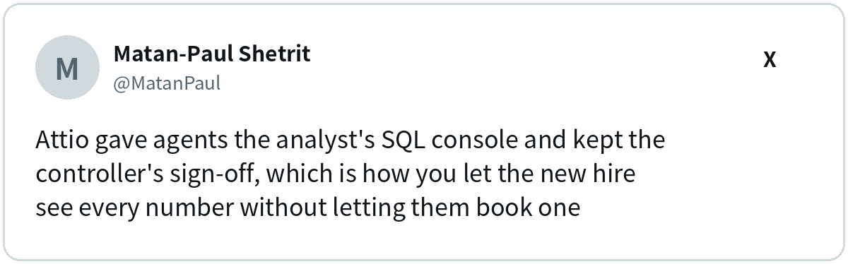 Matan-Paul Shetrit (@MatanPaul) on X: Attio gave agents the analyst's SQL console and kept the controller's sign-off.