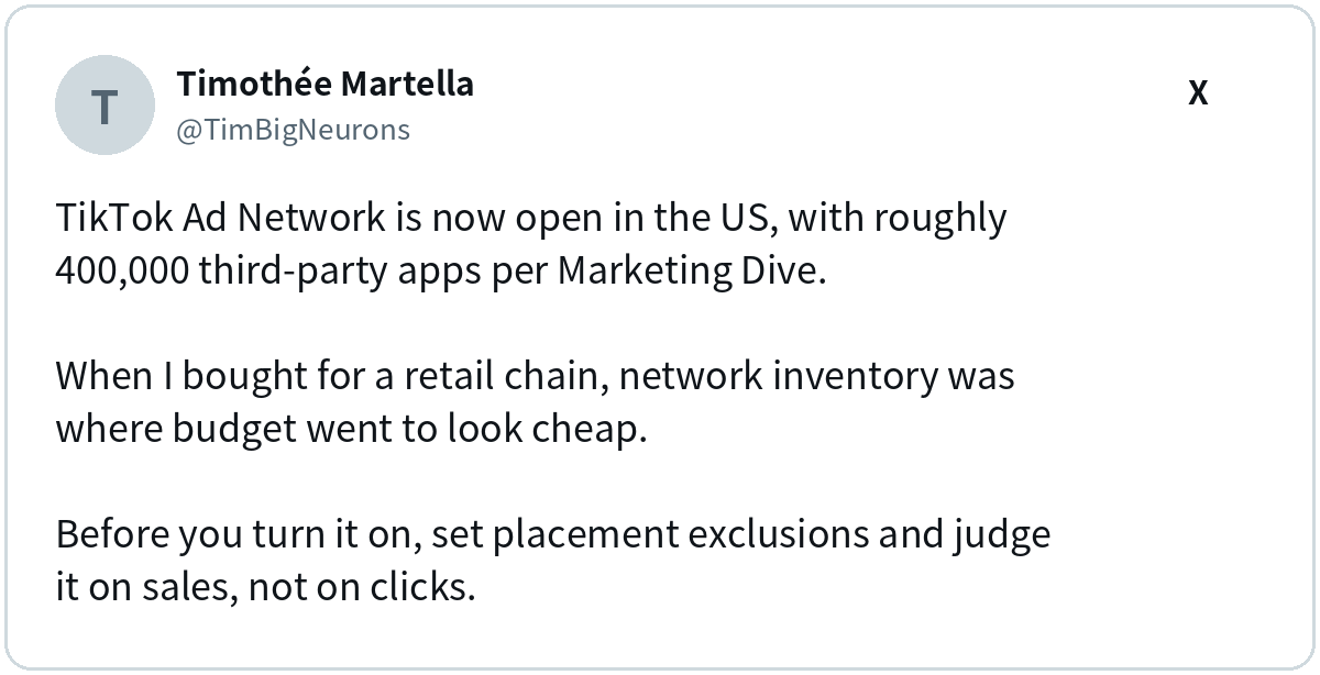 Timothée Martella (@TimBigNeurons) on X: TikTok Ad Network is now open in the US, with roughly 400,000 third-party apps…