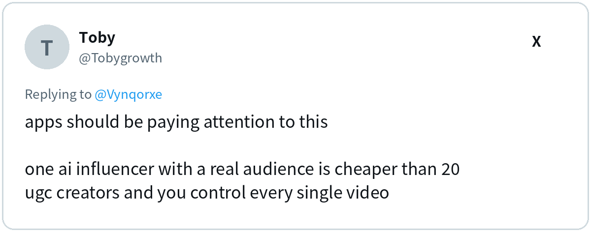 Toby (@Tobygrowth) on X: apps should be paying attention to this one ai influencer…